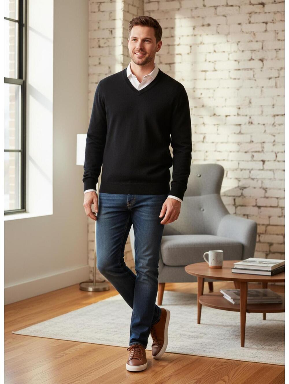 Alan Flusser Men Large Black 100% Cashmere V-Neck Sweater 2-Ply